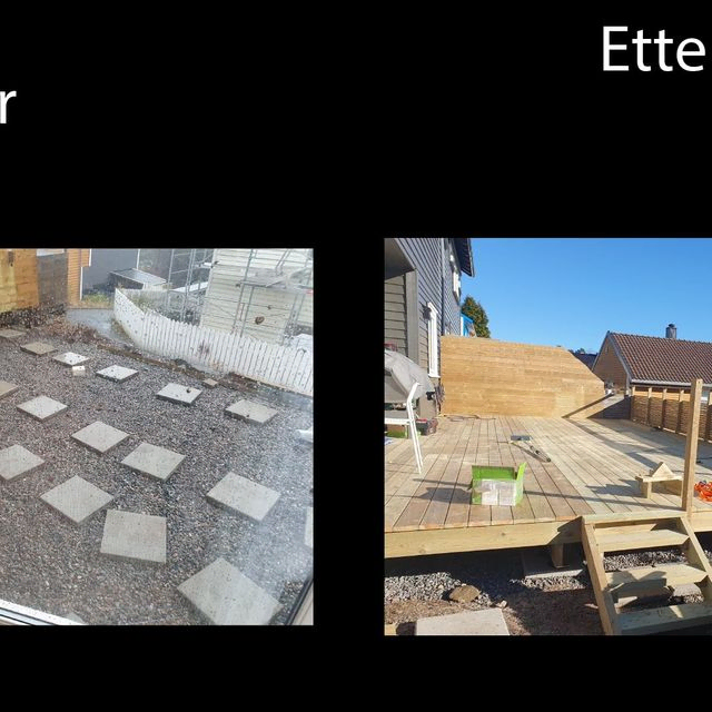 Før og etter bilder av ny terrasse